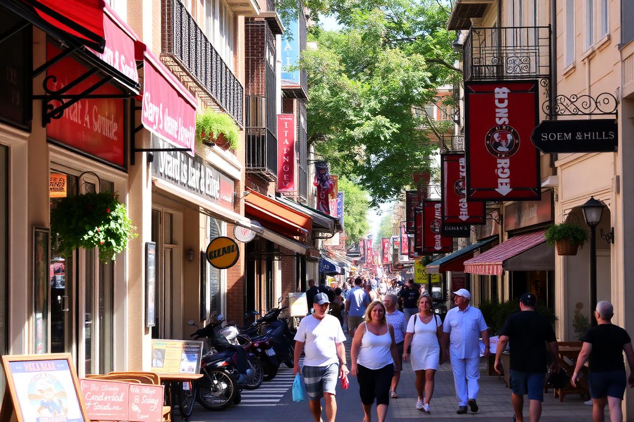 Lively shopping street with restaurants and shops