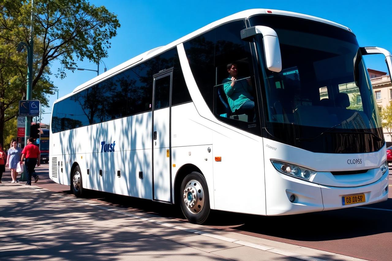 Modern coach parked on a city street with passengers boarding